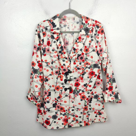 Accents & Adornments Blazer Womens Medium White Cherry Blossom Floral Linen Boho - Picture 1 of 7